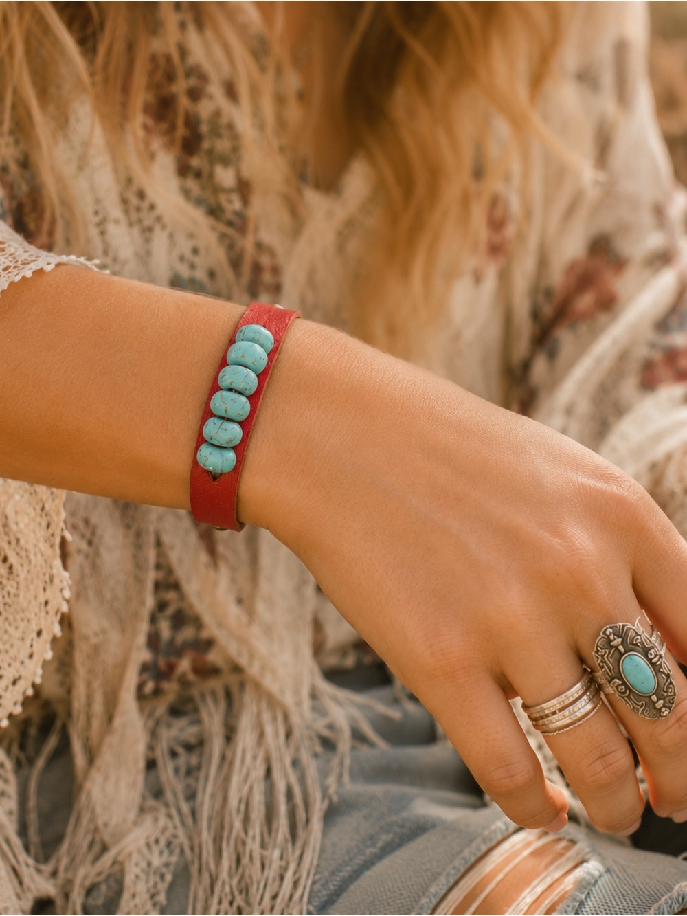 Vintage Red Leather Turquoise-Colored Stone Bead Cuff Bracelet Boho Western